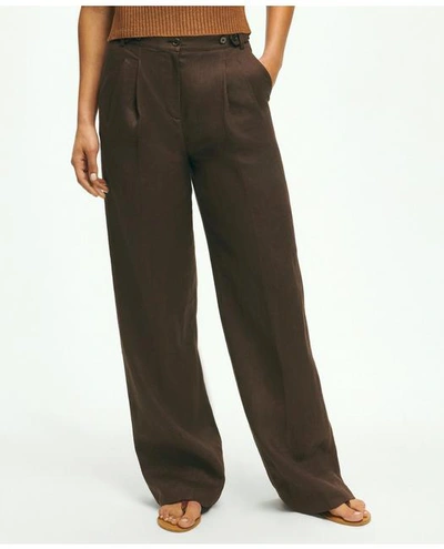 Shop Brooks Brothers Pleated Wide-leg Linen Trousers | Dark Brown | Size 6