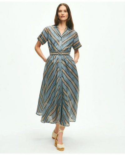 Shop Brooks Brothers Nipped-waist Chevron Shirt Dress In Linen Blend | Size 6 In Multicolor
