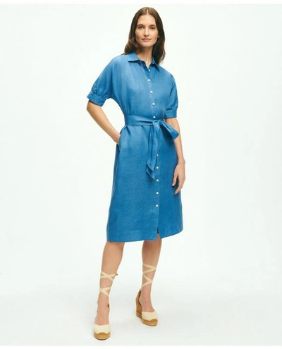 Shop Brooks Brothers Puff Sleeve Belted Shirt Dress In Linen | Dark Chambray | Size 12