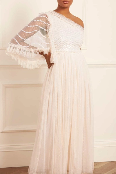 Shop Needle & Thread Shimmer Wave Gloss Bodice One-shoulder Ankle Gown In Champagne