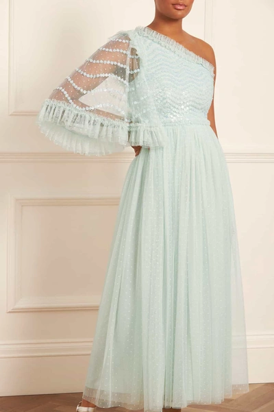 Shop Needle & Thread Shimmer Wave Gloss Bodice One-shoulder Ankle Gown In Green