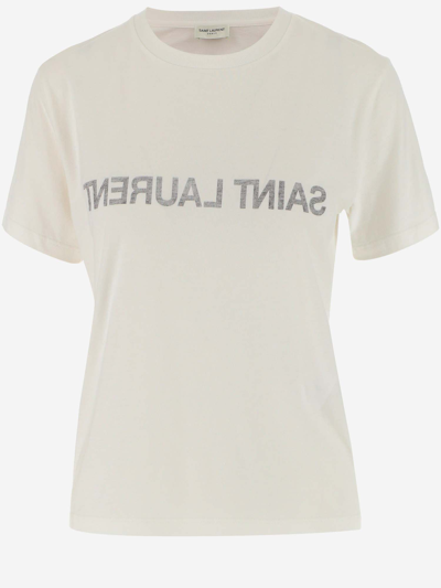 Shop Saint Laurent Cotton T-shirt With Logo In Naturel/noir