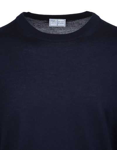 Shop Fedeli Dark Blue Round Neck Pullover In Cashmere And Silk