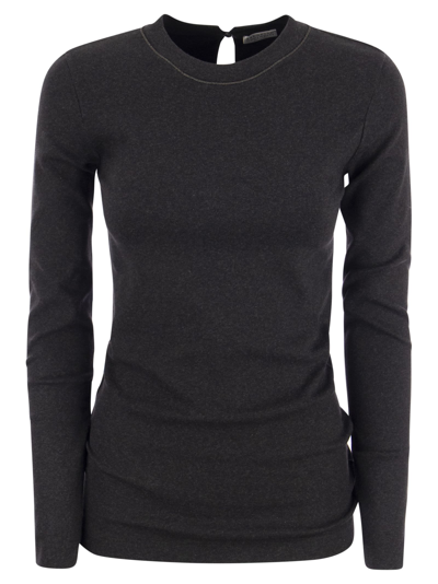 Shop Brunello Cucinelli Ribbed Stretch Cotton Jersey T-shirt With Jewellery In Grey