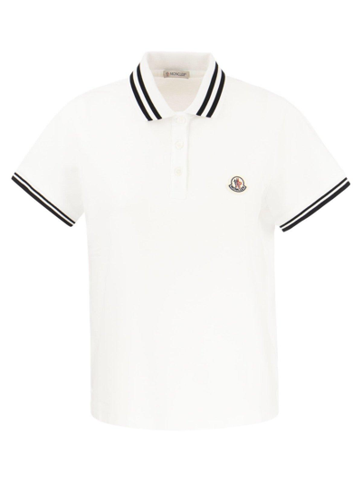 Shop Moncler Logo Patch Polo Shirt In Bianco