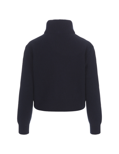 Shop Moncler Navy Blue Padded Cardigan In Wool