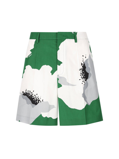 Shop Valentino Floral Printed Wide-leg Shorts In Smeraldo/grigio