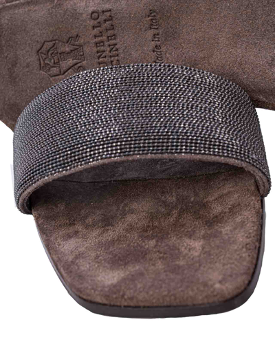 Brunello Cucinelli Beaded Suede Slides In Marrone
