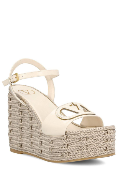 Shop Valentino Vlogo Cut-out Open Toe Sandals In Light Ivory/antique Brass/grey