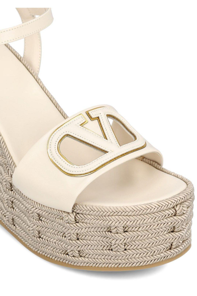 Shop Valentino Vlogo Cut-out Open Toe Sandals In Light Ivory/antique Brass/grey