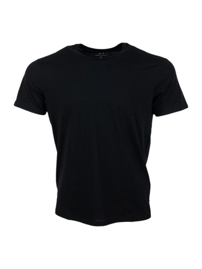 Shop Armani Collezioni Short-sleeved Crew-neck T-shirt With Small Studded Logo On The Chest And Bottom In Blue