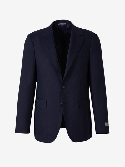 Shop Canali Wool And Linen Blazer In Blue