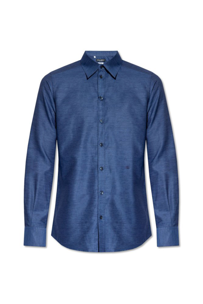 Shop Dolce & Gabbana Logo Embroidered Buttoned Shirt In Navy