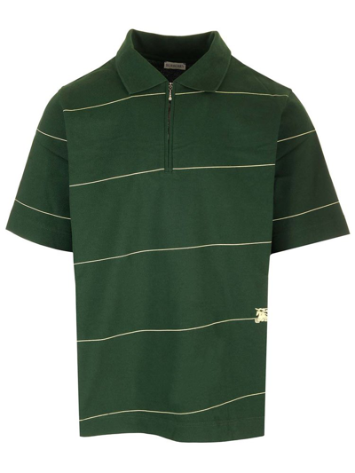 Shop Burberry Logo Embroidered Striped Polo Shirt In Green