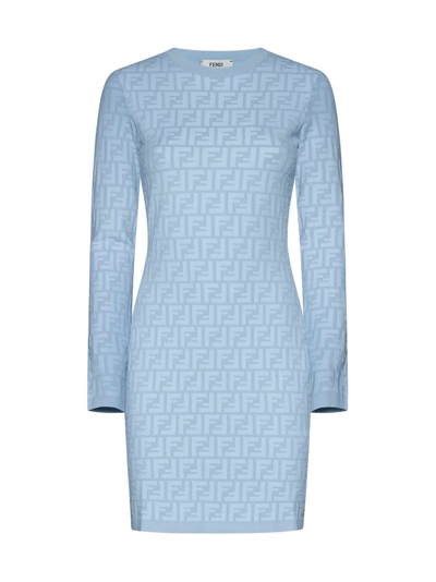 Shop Fendi Ff Jacquard Long Sleeved Crewneck Dress In Blue