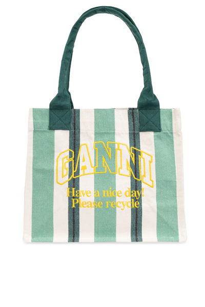 Shop Ganni Large Striped Logo Embroidered Tote Bag In Green