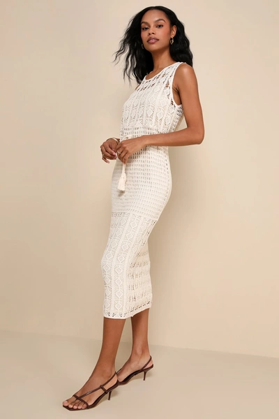 Lulus Beachy Energy Beige Crochet Cutout Sleeveless Midi Dress In Beige