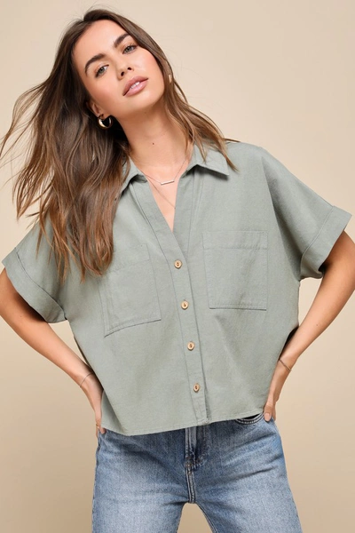 Shop Lulus Dashing Aesthetic Sage Green Linen Short Sleeve Button-up Top
