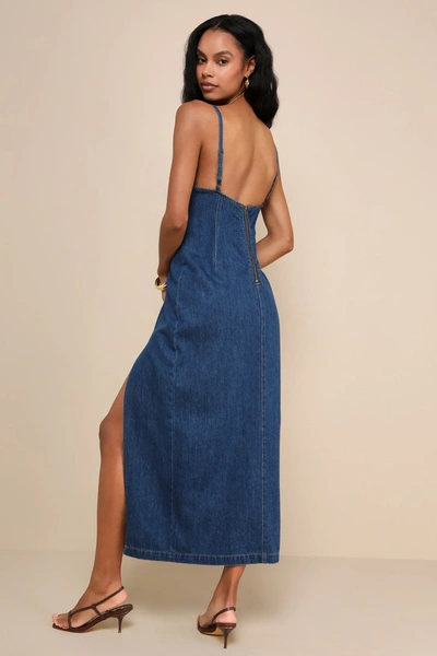 Lulus Crush-worthy Trend Dark Wash Denim Sleeveless Midi Dress In Blue