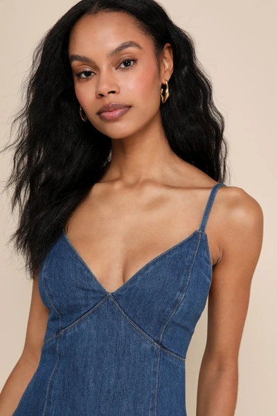 Lulus Crush-worthy Trend Dark Wash Denim Sleeveless Midi Dress In Blue