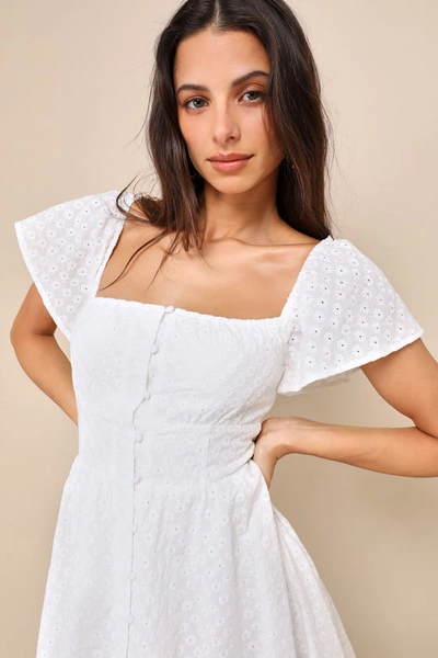 Lulus Truly So Sweet White Eyelet Embroidered Button-front Mini Dress In White