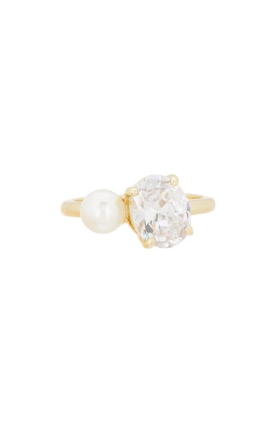 Shop Covet Imitation Pearl & Crystal Ring In Gold