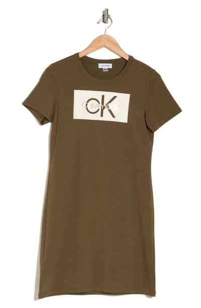 Shop Calvin Klein Block Logo Stretch Cotton T-shirt Dress In Caper