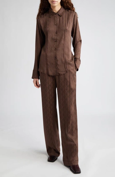Marine Serre Moon Diamant Jacquard Satin Button-up Shirt In Brown