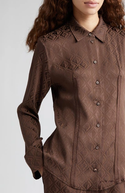 Marine Serre Moon Diamant Jacquard Satin Button-up Shirt In Brown
