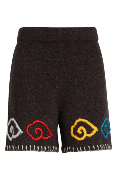 Shop Yanyan Chryssy Embroidered Blanket Stitch Knit Wool Blend Shorts In Choco