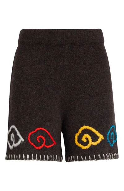 Yanyan Chryssy Embroidered Blanket Stitch Knit Wool Blend Shorts In Choco