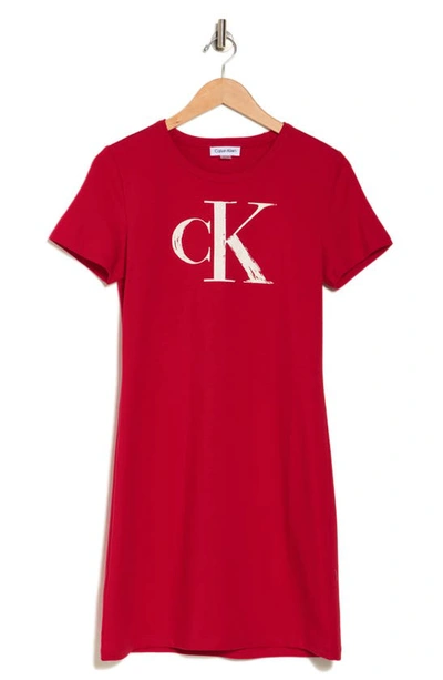 Shop Calvin Klein Logo Stretch Cotton T-shirt Dress In Red