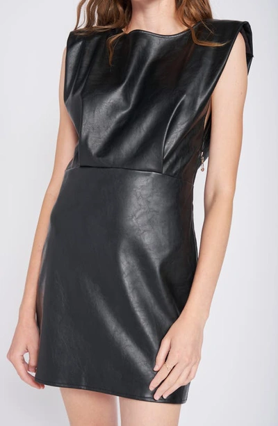 Shop En Saison Padded Shoulder Faux Leather Minidress In Black