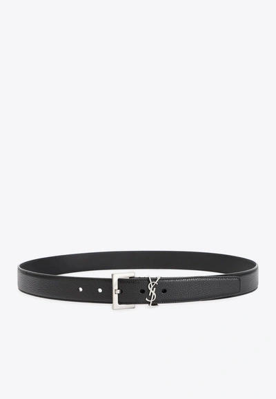 Saint Laurent Cassandre Buckle Grained Leather Belt In Black