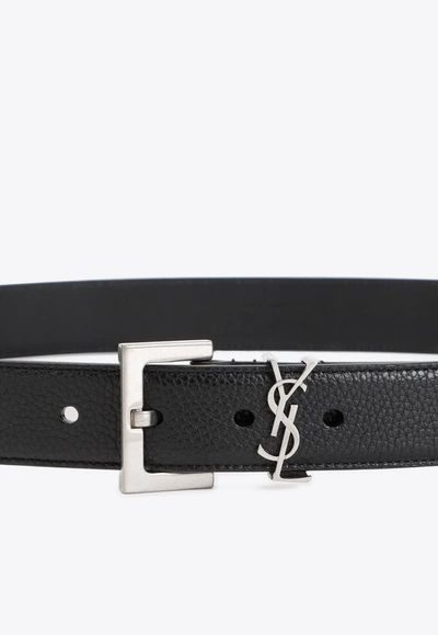 Saint Laurent Cassandre Buckle Grained Leather Belt In Black