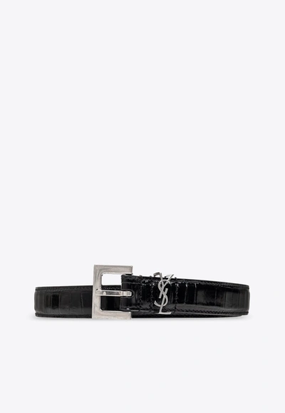 Shop Saint Laurent Cassandre Croc-embossed Leather Belt In Black