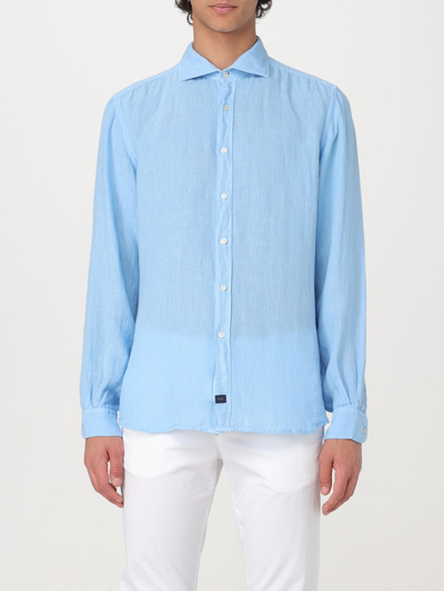 Fay Lightweight Linen Shirt With Classic Collar In Blue