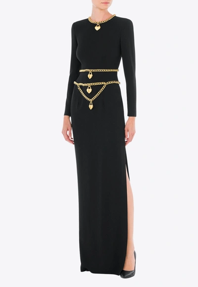 Shop Moschino Chain Heart-lock Charm Satin Maxi Dress In Black