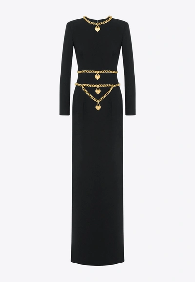Shop Moschino Chain Heart-lock Charm Satin Maxi Dress In Black