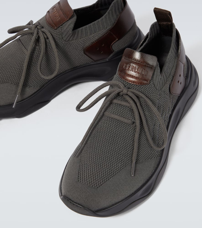 Shop Berluti Shadow Knitted And Leather Sneakers In Grey