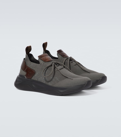 Shop Berluti Shadow Knitted And Leather Sneakers In Grey