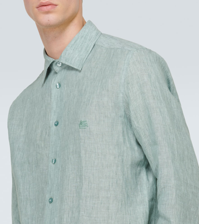 Shop Etro Logo Linen Shirt In Green