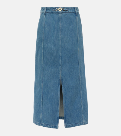 Shop Patou High-rise Denim Midi Skirt In Blue