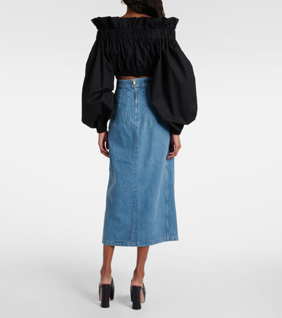 Shop Patou High-rise Denim Midi Skirt In Blue