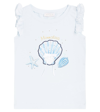 Monnalisa Printed Ruffled Cotton Jersey Top In Blue
