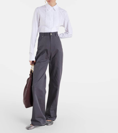 Shop Loewe High-rise Cotton Drill Wide-leg Pants In Grey