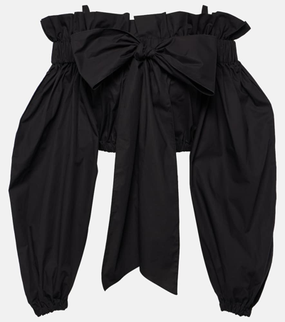 Shop Patou Bow-detail Ruffled Cotton Crop Top In Black