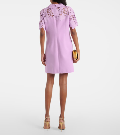 Shop Oscar De La Renta Lace-trimmed Wool-blend Minidress In Purple