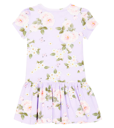 Shop Monnalisa Floral Cotton-blend Jersey Dress In Purple