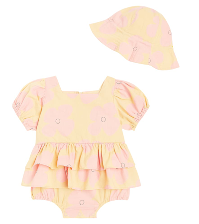Shop Jellymallow Baby Printed Cotton Playsuit And Hat Set In Pink